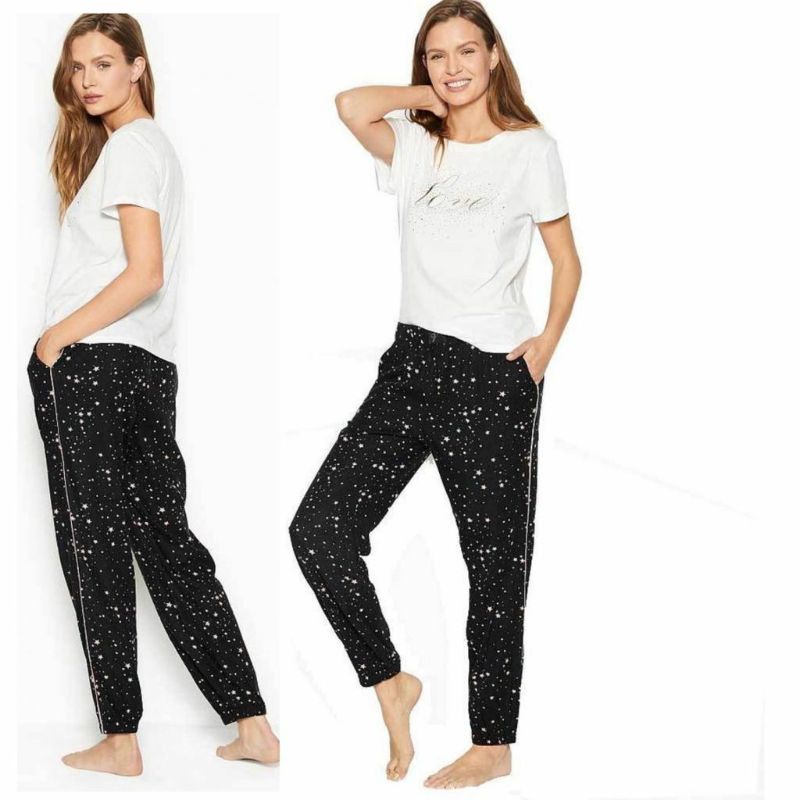 Victoria’s Secret Love Script Black And White Shortsleeve Pajamas Set