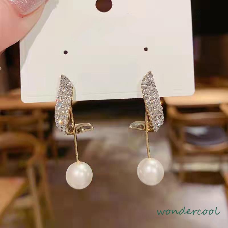Elegan Berlian Mutiara Fashion Sederhana Temperamen Wanita Anting Rumbai Panjang-Won