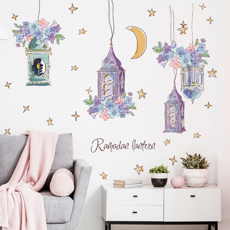 2pcs / set Stiker Dinding Desain Bulan Bintang Ramadhan Warna Ungu Untuk Dekorasi Kamar Tidur