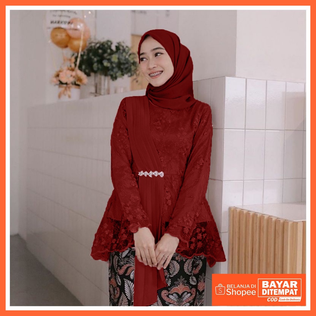 Kebaya modern wisuda tunangan lamaran couple murah remaja seragam seragaman sarimbit allsize kebaya brokat kebaya pesta bajan brukat-Maroon