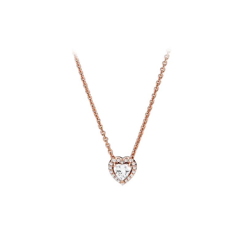 Pandora Kalung 925 Silver Rose Gold 18K Dengan Liontin Hati Aksen Berlian Kubik Zirkonia Untuk Wanita