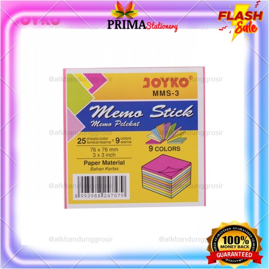 

Memo Stick / Sticky Note Joyko MMS-3 Besar Isi 9 Warna 76 x 76 mm - Pak (225 lembar)