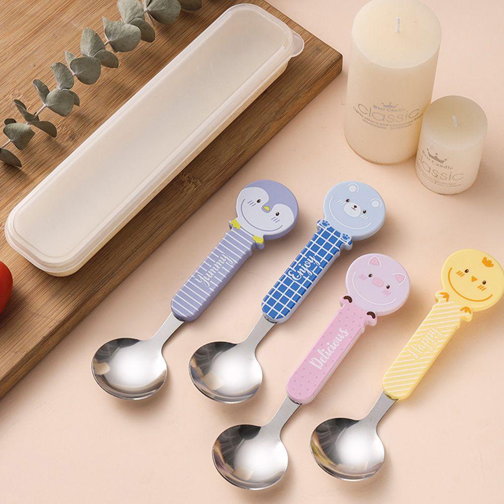 Solighter 2Pcs/Set Peralatan Bayi Bentuk Kartun Stainless Steel PP Handle Sendok Garpu Anak