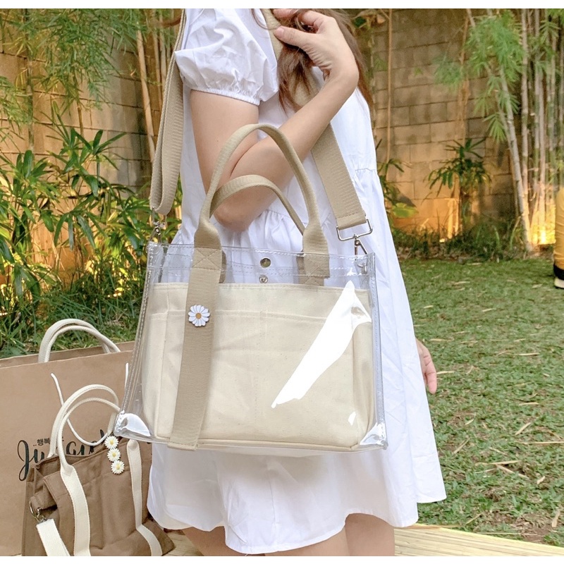 Hanna bag 란나 Khaki (free custom name + pin) TAS kanvas transparan PVC SELEMPANG WANITA korea