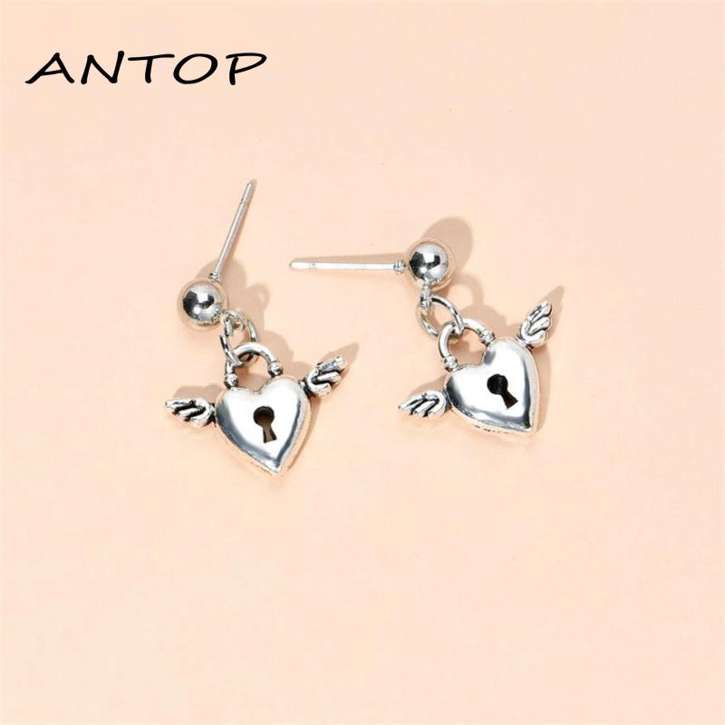 1 Pasang Eropa Dan Amerika Sederhana Anting Fashion In Net Merah Jantung Sayap Kunci Anting-Anting Wanita ANTOP