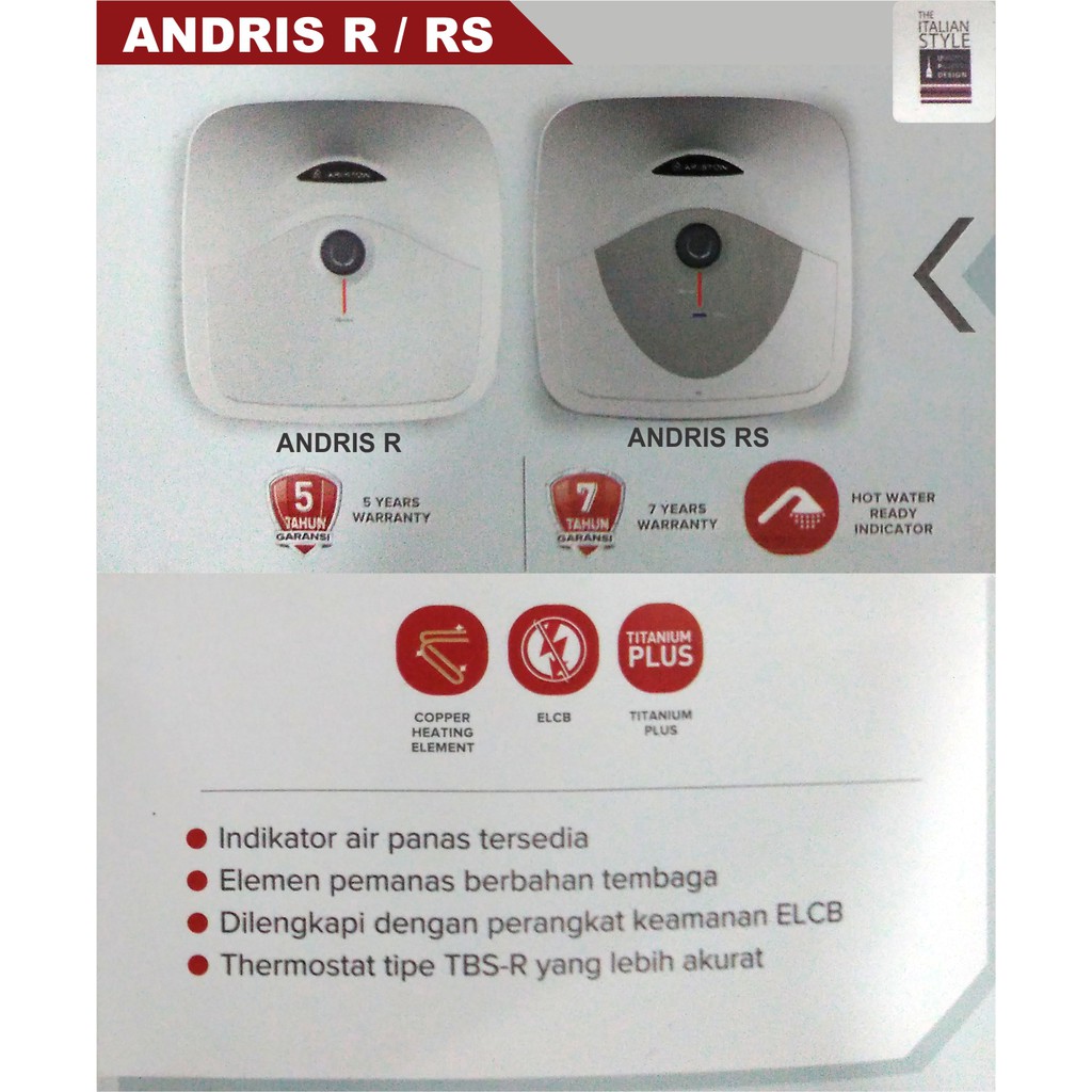 Ariston Andris RS 30 MT 500 watt Listrik Water Heater Pemanas Air AN 30 RS - MT Antibacterial