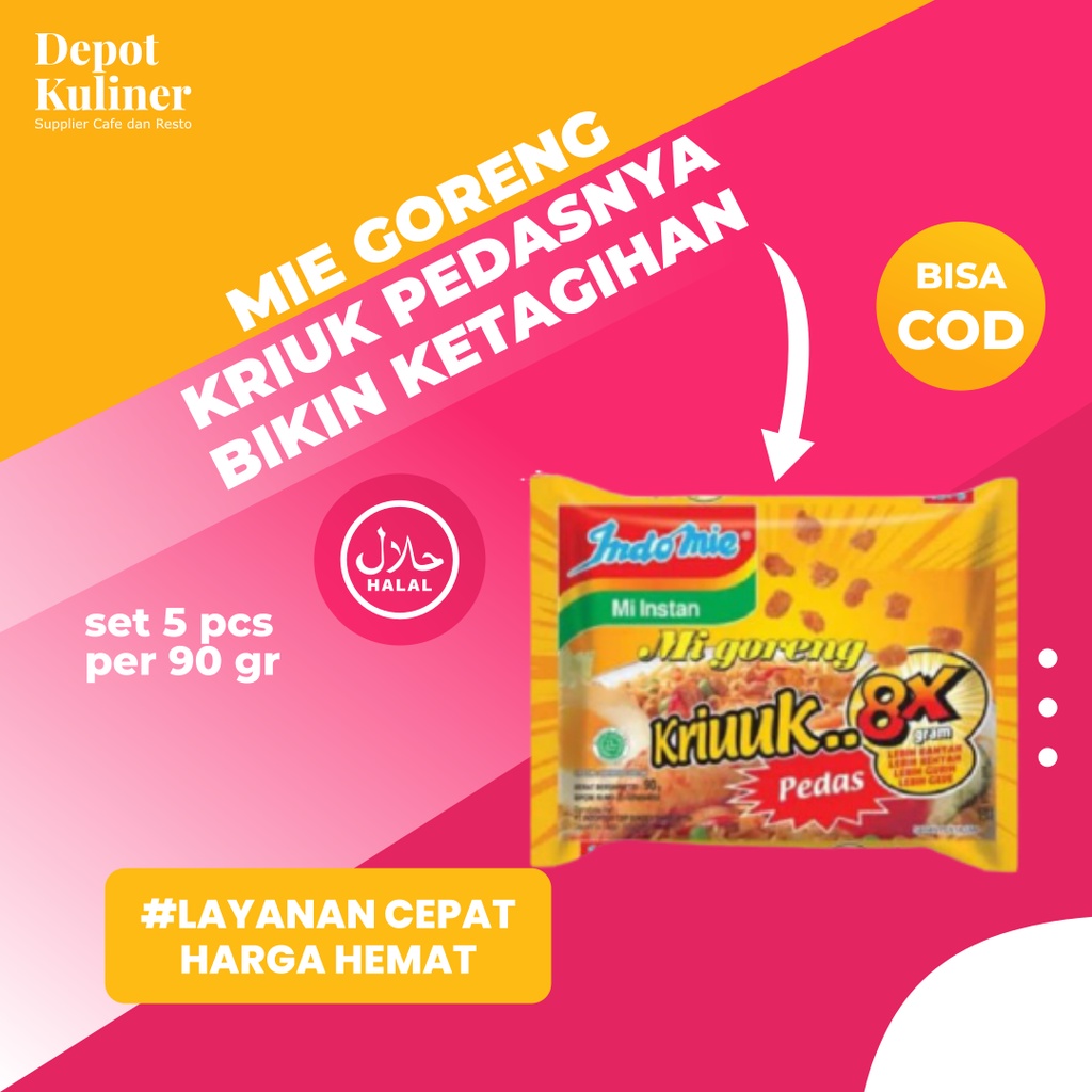 5 Pcs Indomie Mie Goreng Instant Kriuk Pedas 90GR Mi Instan