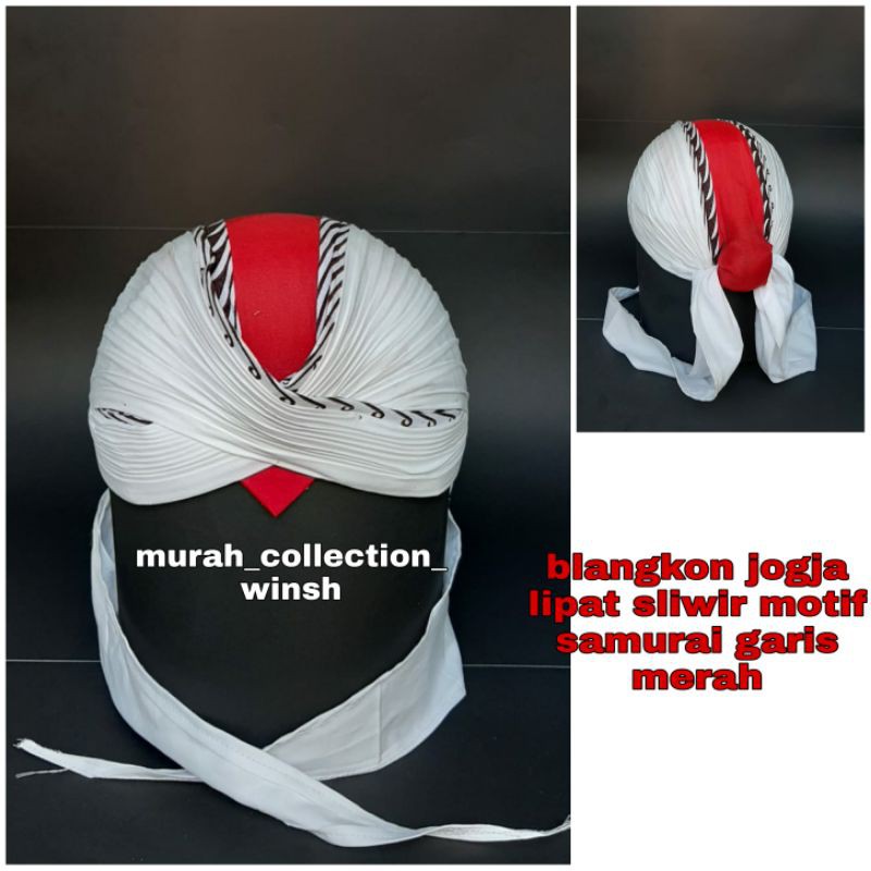 blangkon jogja lipat sliwir putih motif samurai merah