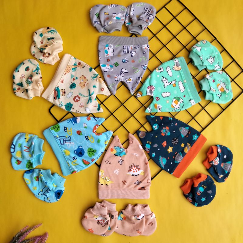 set topi sarung tangan kaki bayi printing