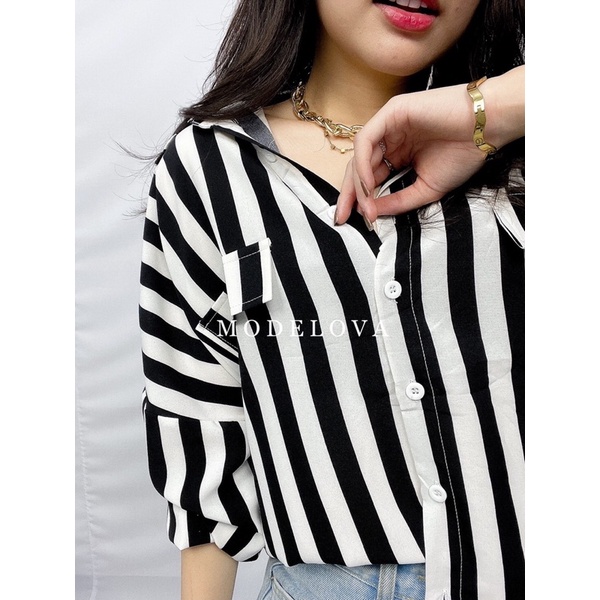 MDLV ~ 4106 CAROL STRIPED BLOUSE / KEMEJA GARIS IMPORT / FASHION KOREA TERBARU IMPORT