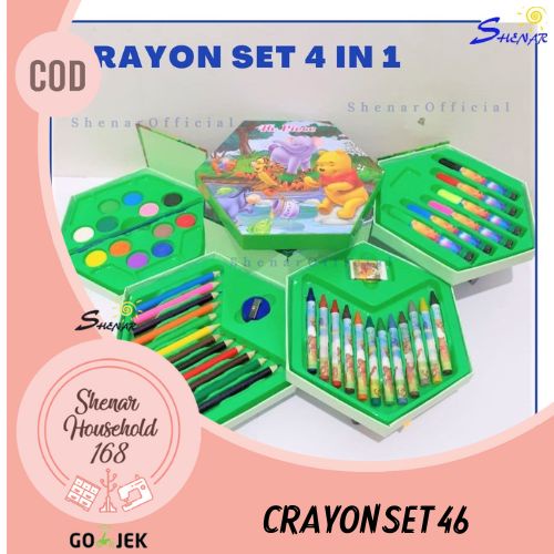 SHENAR , PERWARNA CRAYON SET 46 PCS PENSIL WARNA CRAYON SET 4 SUSUN CAT AIR LUKISAN SPIDOL ALAT GAMBAR - BISA COD