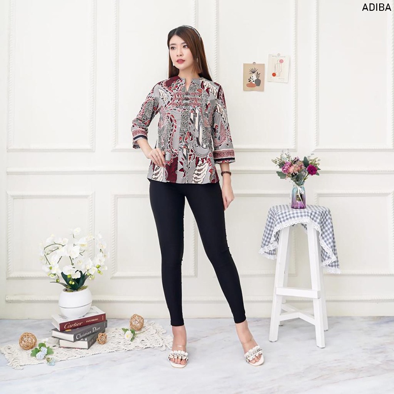 Evercloth Adiba Blouse Wanita Atasan Wanita Blouse Batik Wanita Lengan Panjang Atasan Batik Wanita 3/4 Koin Kancing Batik Couple Set Family Sarimbit Abu Grey Silver