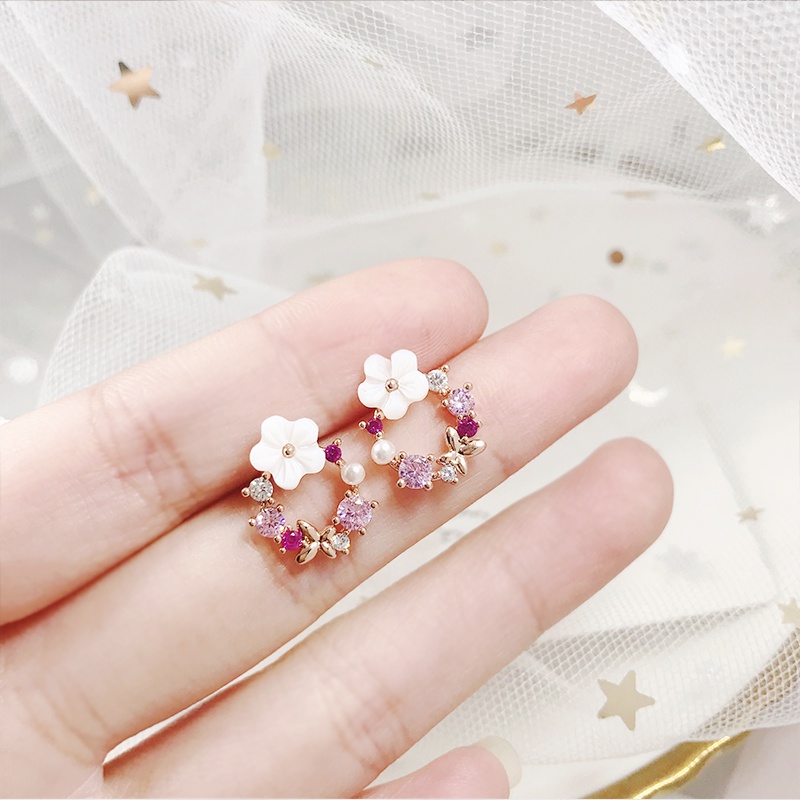 Anting 925 Silver Needle Bentuk Lingkaran Hati Kupu-Kupu Aksen Mutiara Gaya Korea Untuk Wanita Butterfly