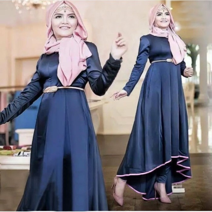 F504 Setelan Gamis Tunik Carla Set Navy SW Pakaian Muslim Wanita Saten Velvet Navy Premium