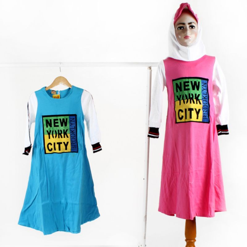 GAMIS ANAK PAKAIAN MUSLIM PEREMPUAN 2-7 TAHUN MOTIF NEW YORK CITY FREE HIJAB