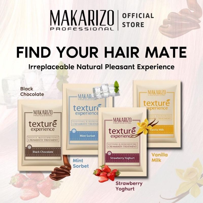 Makarizo Professional Texture Experience CREAMBATH Sachet 60 gr / makarizo creambath sachet / makarizo hair mask sachet / makarizo chocolate / makarizo strawberry / makarizo vanilla milk HAIR MASK