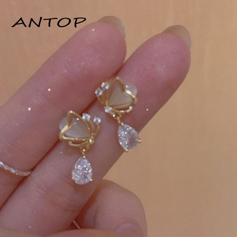 Anting Stud Desain Kupu-Kupu Hati Water Drop Aksen Opal Zircon Untuk Wanita