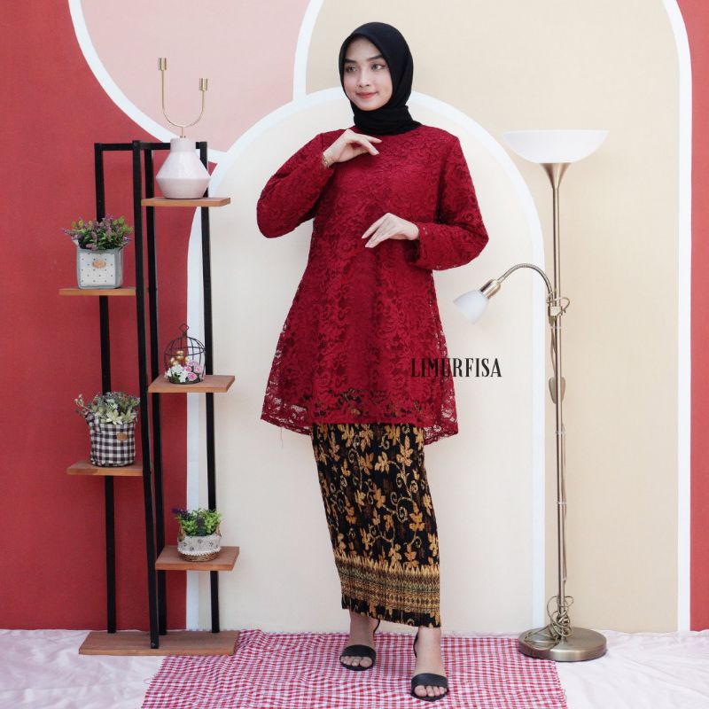 Atasan Kebaya Brokat / brukat Rinjani / kebaya lamaran / kebaya wisuda / kebaya modern PART 1-Tunik atasan maroon