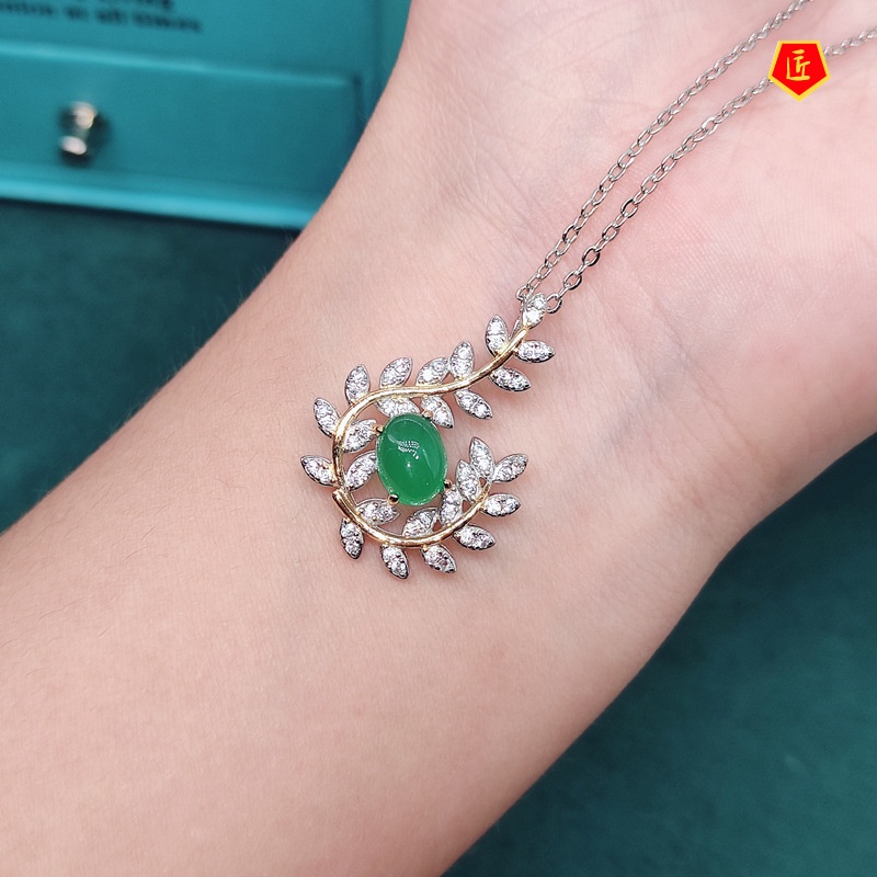 [Ready Stock]Natural Chalcedony Necklace Diamond Olive Leaf Pendant Open Ring