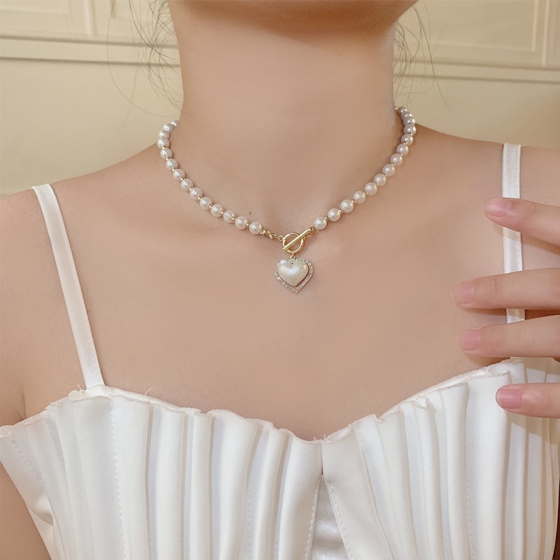 Kalung Rantai Klavikula Hias Liontin Hati Mutiara Gaya Vintage Untuk Perempuan