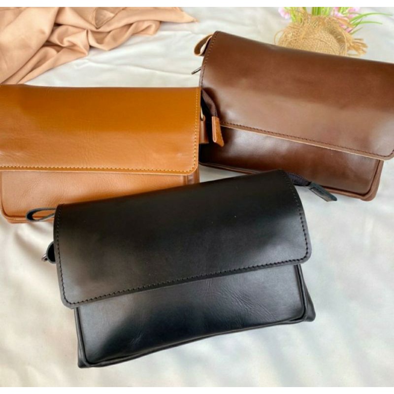 Tas Selempang Pria Pull Up Kulit Sapi Asli Papirut Garut