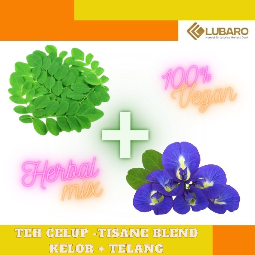 

LUBARO DAUN KELOR PLUS BUNGA TELANG TEH CELUP REMPAH/TISANE HERBAL BLEND MINUMAN BERNUTRISI