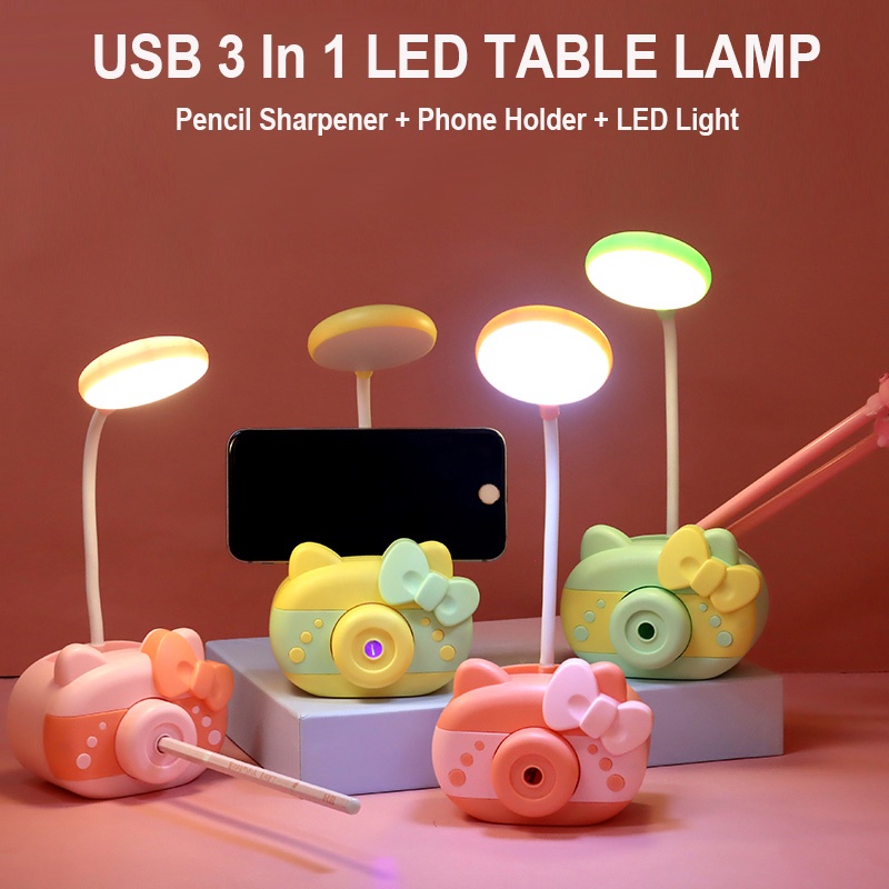 Rautan Pensil pengisi daya USB dudukan Handphone lampu malam led 3 in 1 lampu meja belajar anak