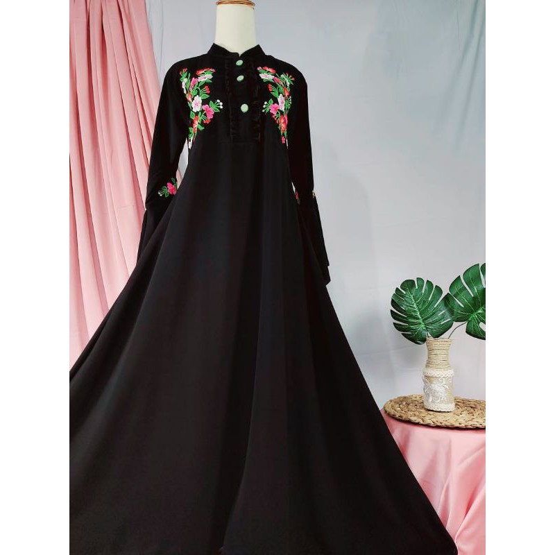 gamis bordir jetblack /set jilbab safar gamis bordir size M