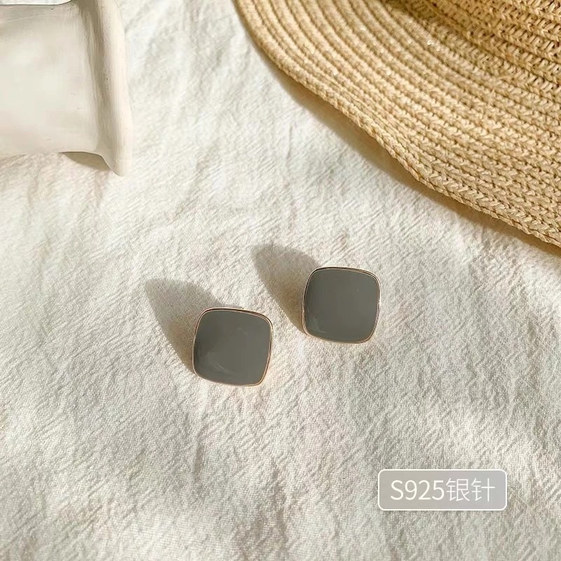 Anting Persegi Warna Retro Elegan S925 Jarum Perak Akrilik Warna Solid Anting-anting Wanita-gray blue