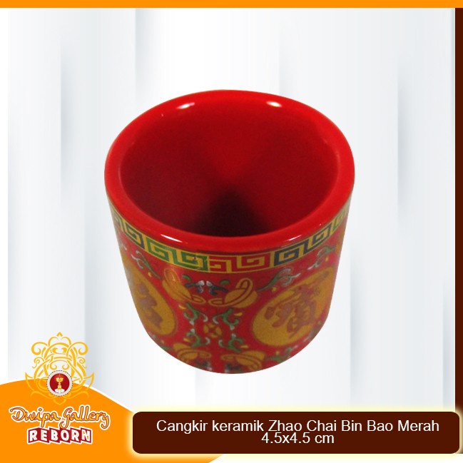 Cangkir keramik Zhao Chai Jin Bao merah (4.5x4.5 cm)