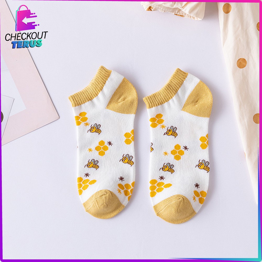 CT P188 Kaus Kaki Semata Kaki Wanita Dewasa Motif Kuning Lebah Gaya Korea Kaos Kaki Pendek Wanita Fashion