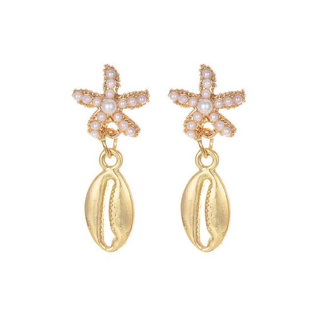 LRC Anting Tusuk Fashion Gold Alloy Pearl Starfish Earrings F68406