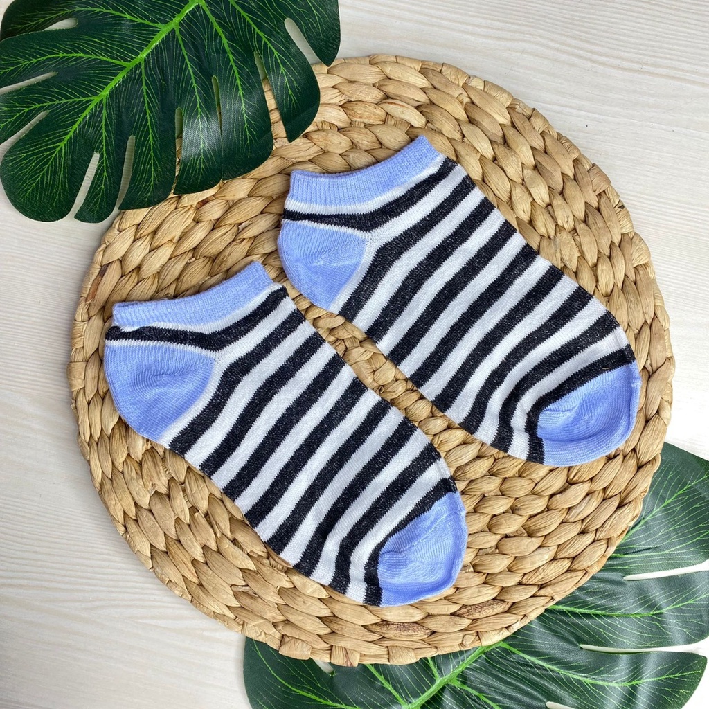 HC Kaos Kaki Ankle Polos Wanita KaosKaki Pendek Korea Murah Short Socks Kaos Kaki Motif Love Garis Murah-3 GARIS BIRU