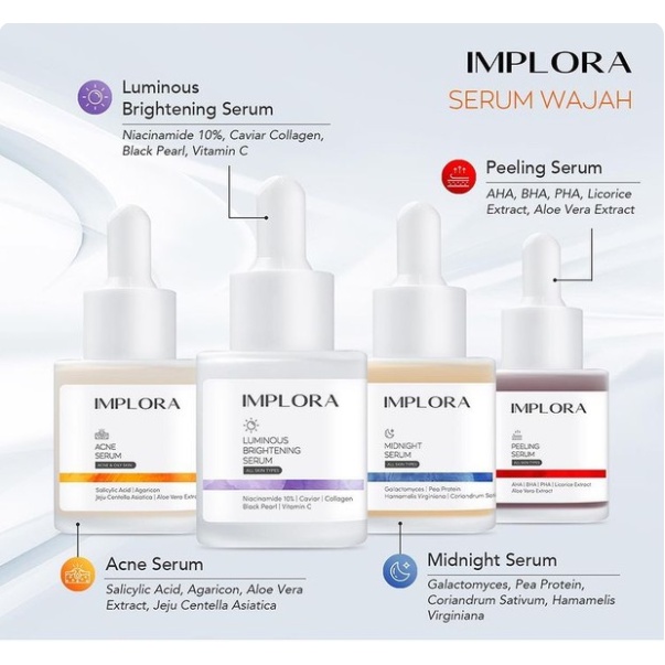 Implora Serum Wajah 20ml - Face Serum Acne / Luminous Brightening / Midnight Serum / Peeling Serum