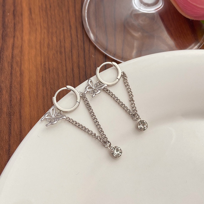 Anting Stud Desain Kupu-Kupu Aksen Kristal Untuk Wanita