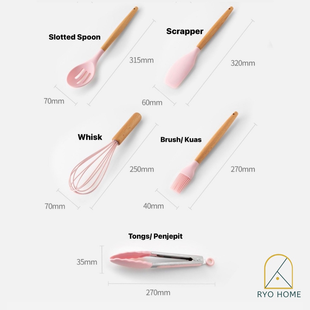 [ RYO ] KAI Peralatan Masak Bahan Silikon Dengan Gagang Kayu  / Slotted Spatula Set Silicone / Kitchen tools / Alat masak / Perlengkapan Dapur / Penjepit Makanan / Tongs / Pengocok Telur / Whisk / Kuas / Brush / Silica Gel Food Grade-6
