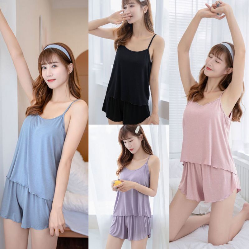 Baaju.id VIRAL Set Baju Tidur Wanita Sexy Camisole + Celana Piyama Sexy Wanita Korea Style Nightwear KR1011