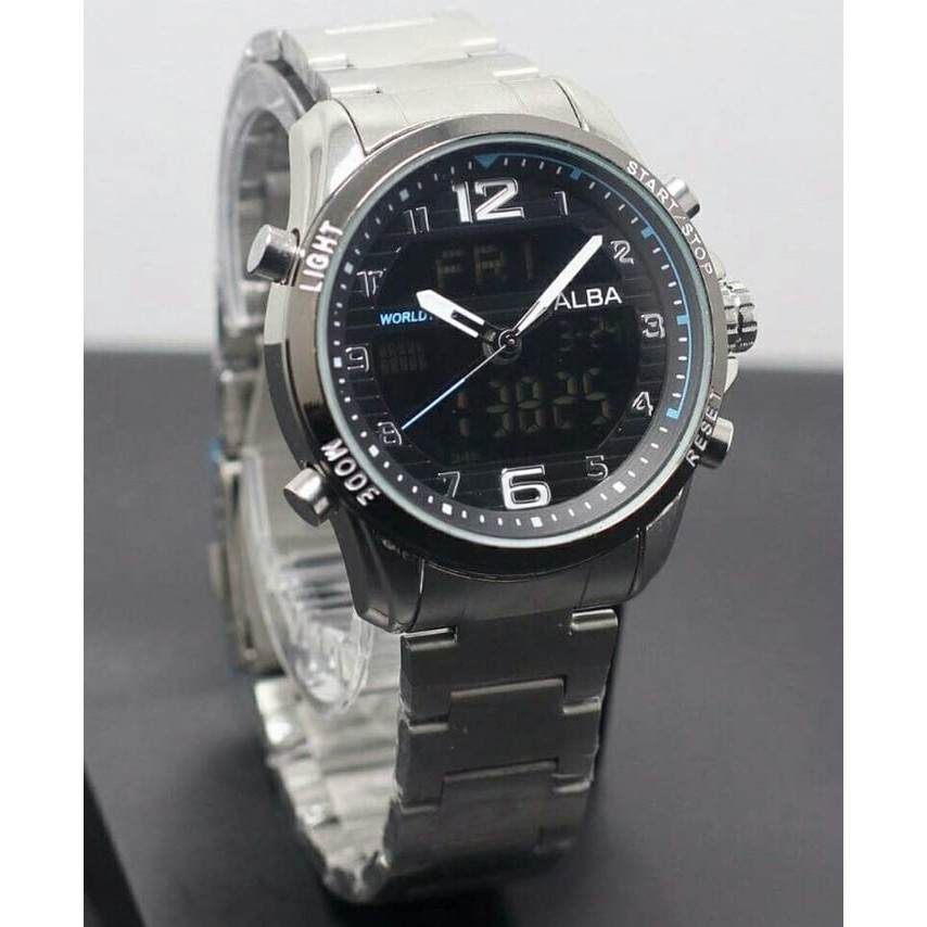 Jam Tangan Pria / Cowok Alba Dual Time SK801 Rantai Black Blue