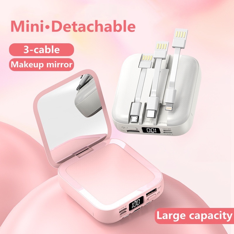 4 In 1 Beauty Mirror Powerbank 20000mAh Fast Charging  Mini Built-in 3 Cables Portable Digital Display LED