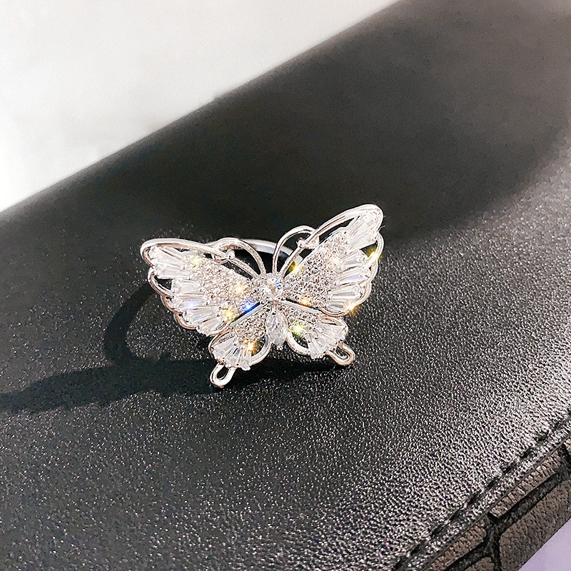 Cincin Jari Telunjuk Model Terbuka Desain Kupu-Kupu Aksen Zirkon Gaya Korea Untuk Wanita