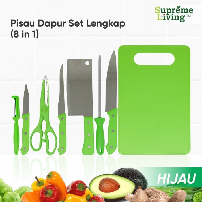 8 in 1 Pisau Set colour lengkap dengan pengasah talenan pengupas buah