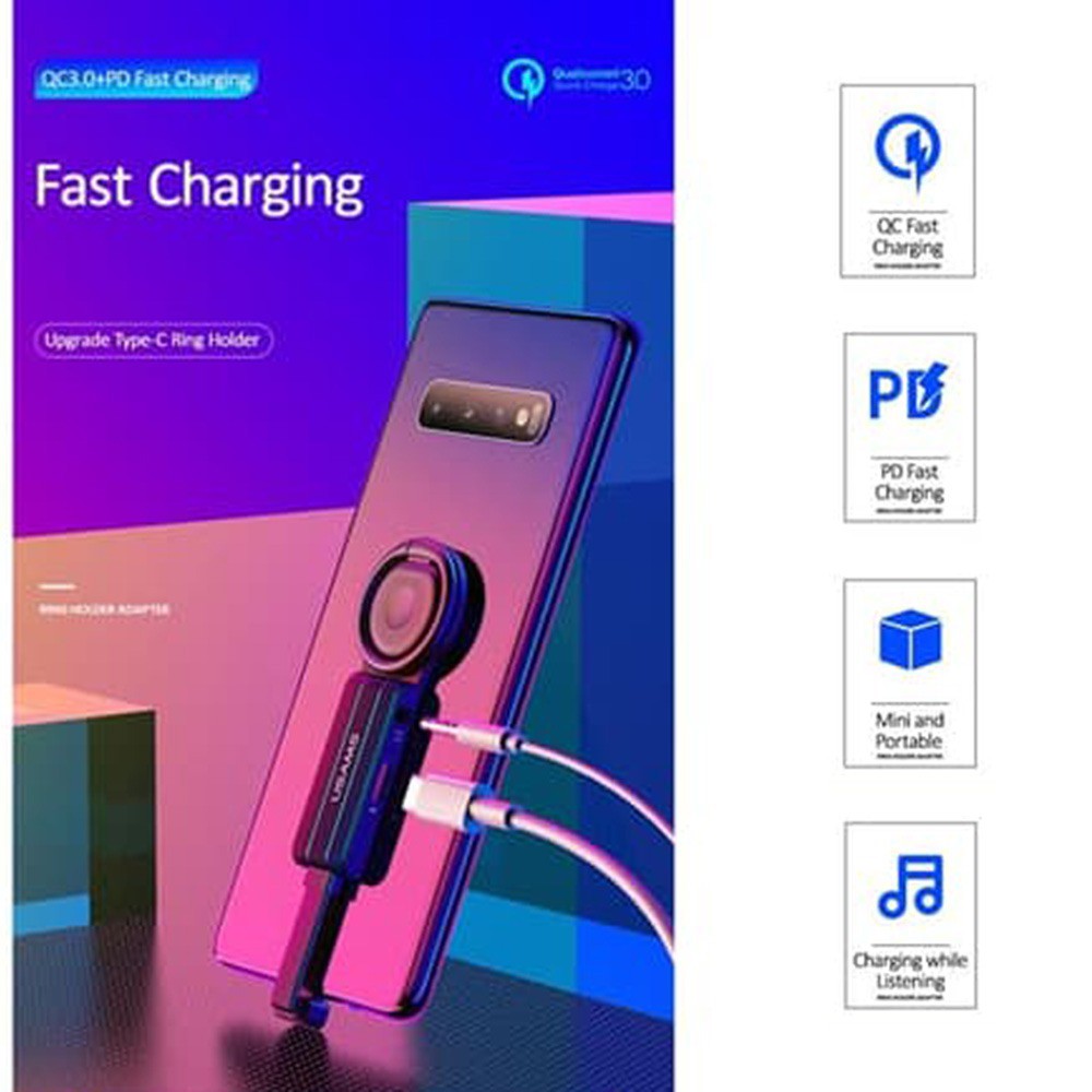 USAMS AU11 Adapter Ring Holder USB Type C To USB Type C + AUX 3.5mm