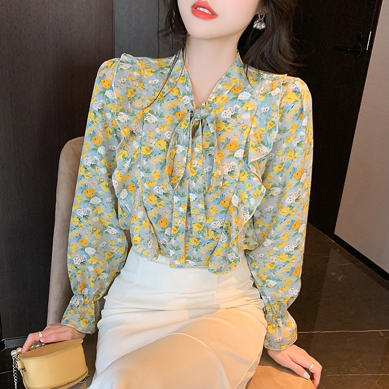 COD 2022 Green Orange Fashion Korea Style Lengan Panjang Blus Wanita Musim Panas Casual Blouse Motif Bunga Bahan Sifon Warna Atasan Kemeja Wanita