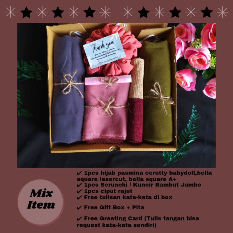 

Hampers hijab/Gift box hijab/Paket mix/Hijab box/Kado ulang tahun/Wisuda/Nikahan