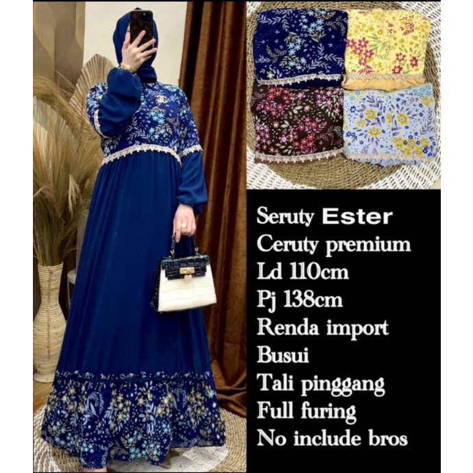 Gamis Dress Ester, Gamis Bahan Ceruti polos mix Ceruti motif Printing