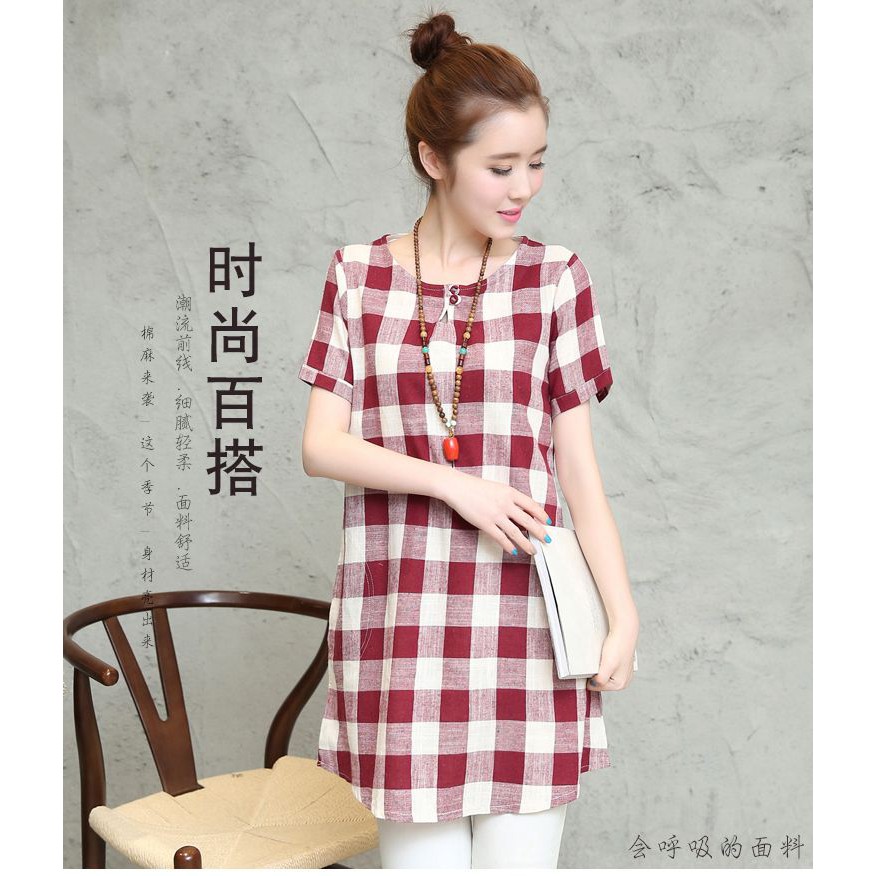 Casual Midi Dress Lengan Pendek Import - 30327 Red Casual Grid Dress