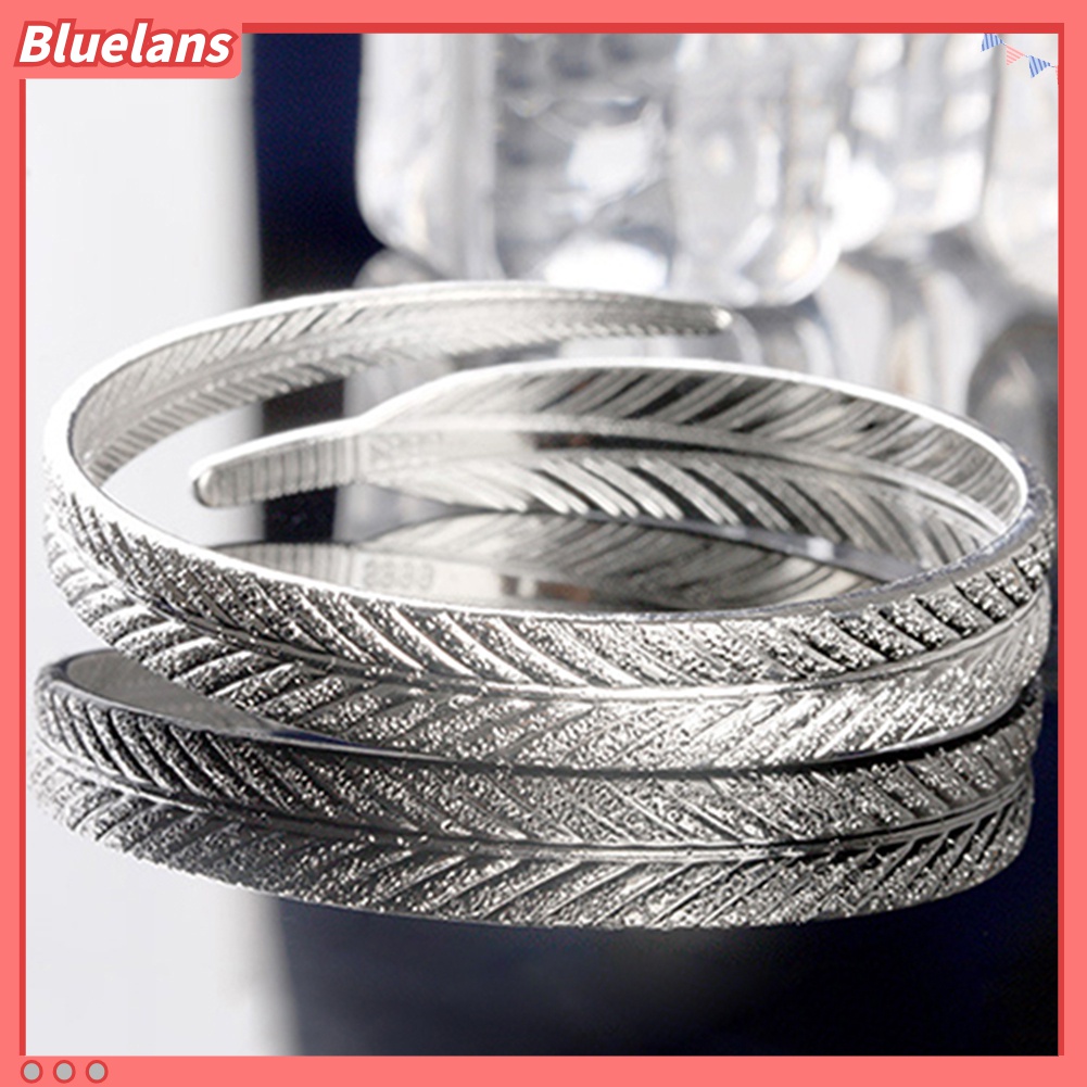 Gelang Bangle Model Terbuka Lapis Silver Bentuk Bulu Gaya Vintage Adjustable Untuk Wanita