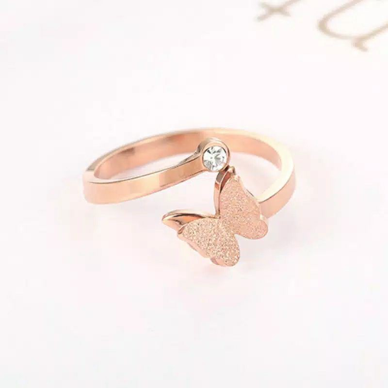 Fourfashion Cincin Bentuk Kupu-Kupu Bahan Titanium Steel Warna Rose Gold Gaya Korea Untuk Wanita