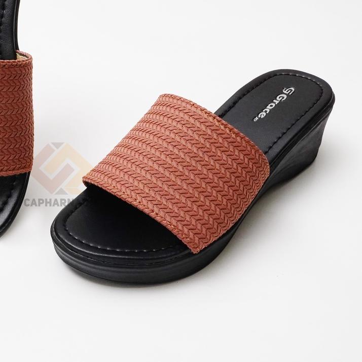 Grace [AKASIA Slop]/sendal HAK selop kokop rajut/sandal WEDGES rajut selop wanita/sandal HAK tebal