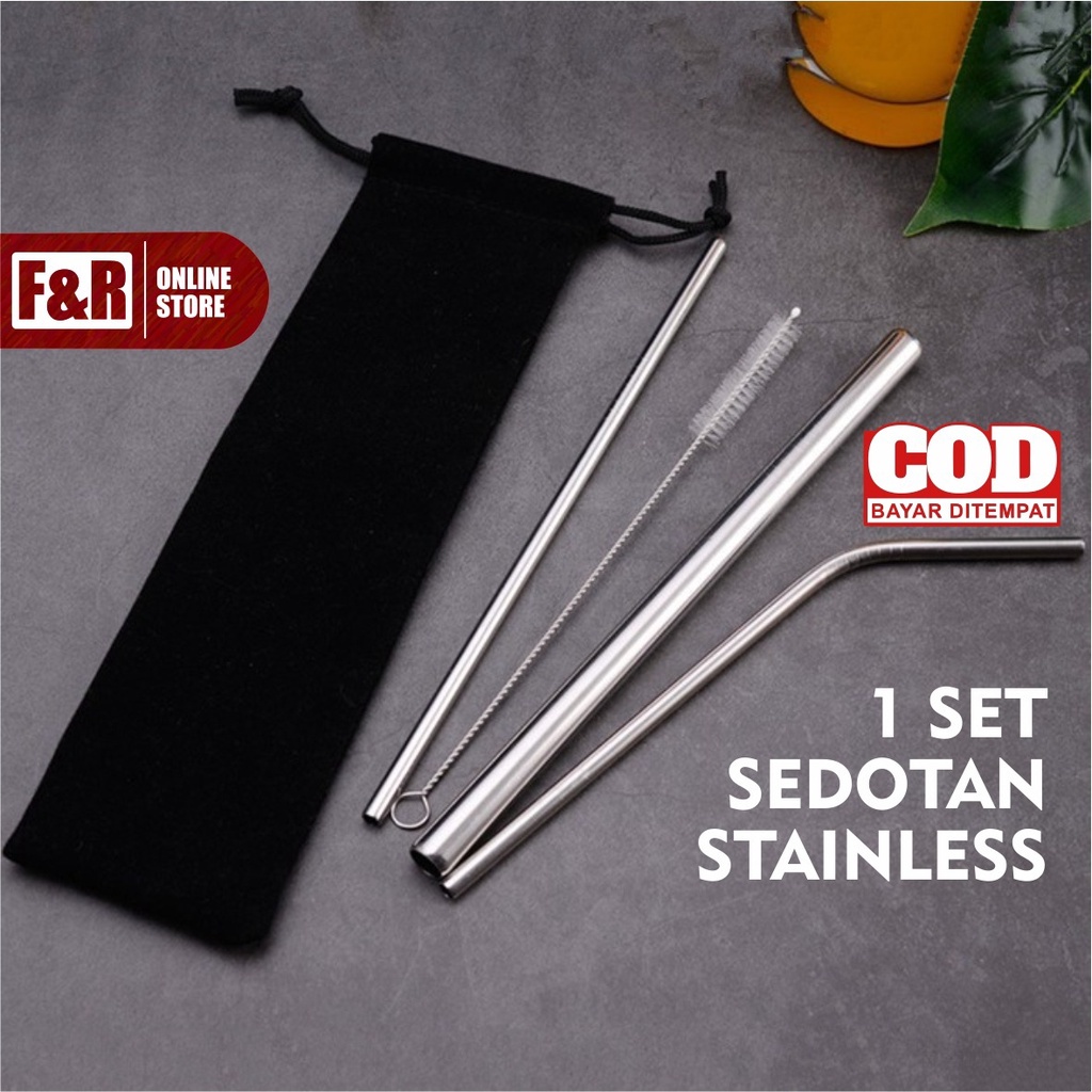 Sedotan Stainless Set 5 in 1 Sedotan Stenlis Steel Food Grade Reusable Straw Set Silver With Pouch